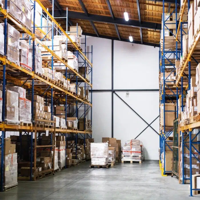An interior of a warehouse.